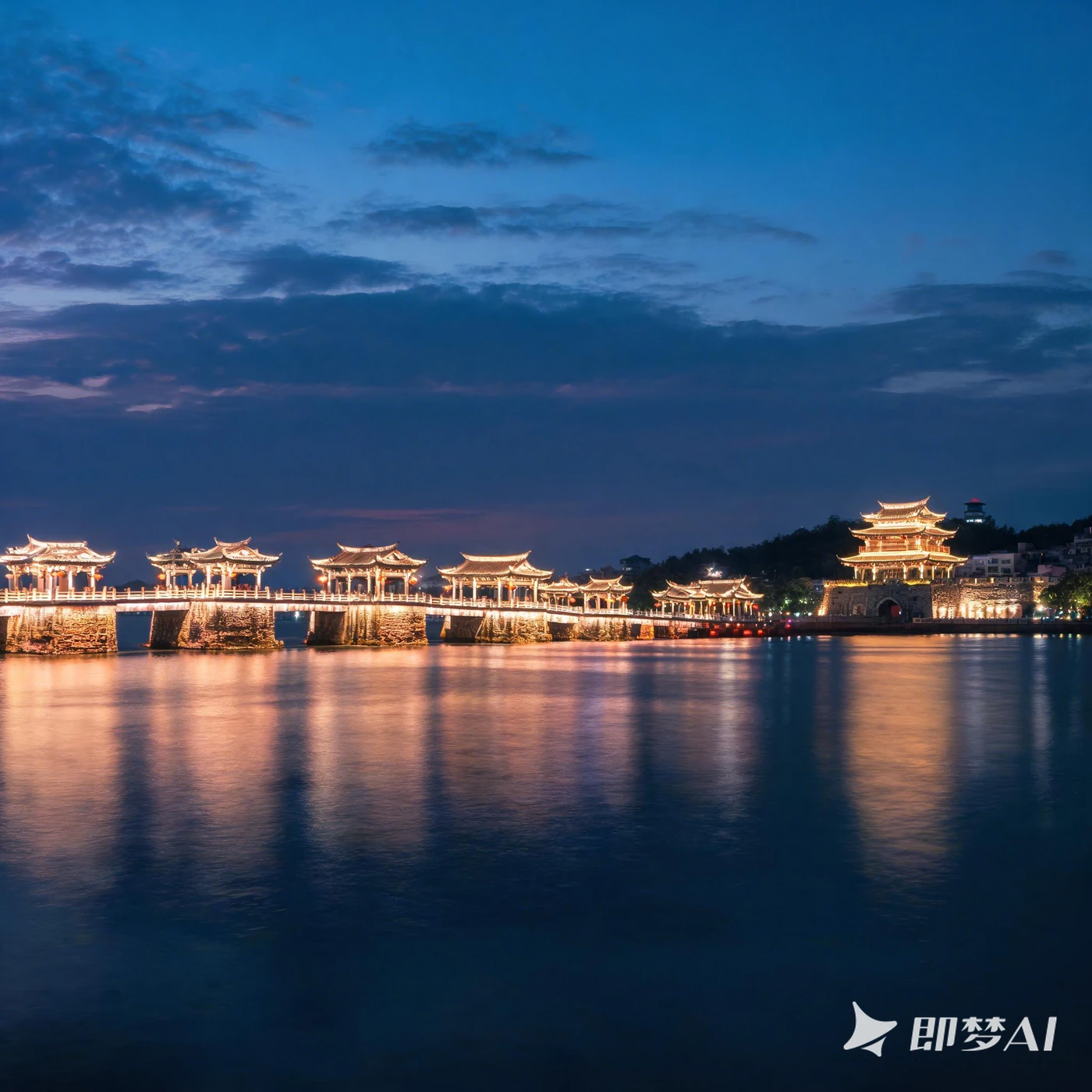 AI 动漫风潮州广济桥与广济楼夜景