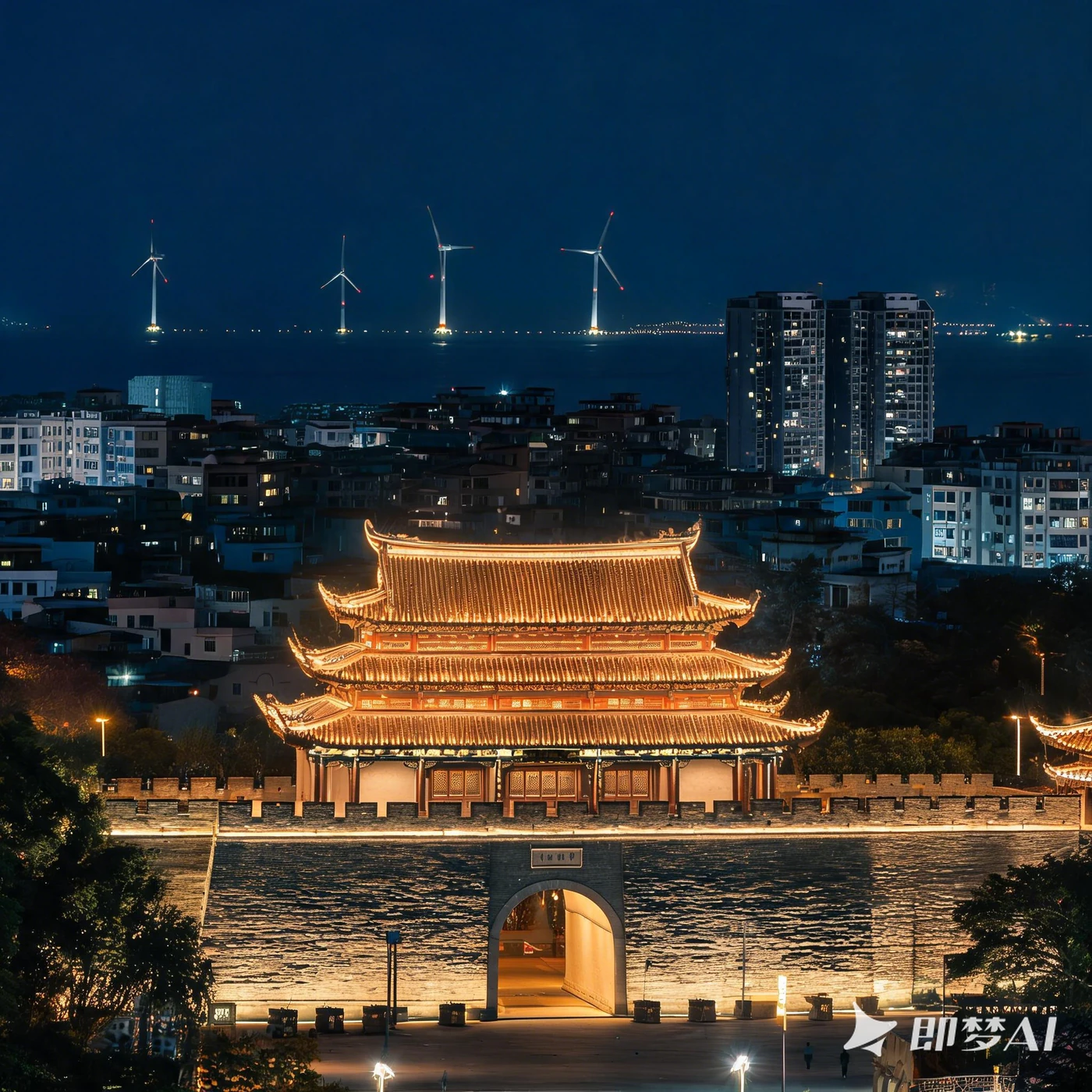 AI 动漫风揭阳进贤门与海上风电夜景