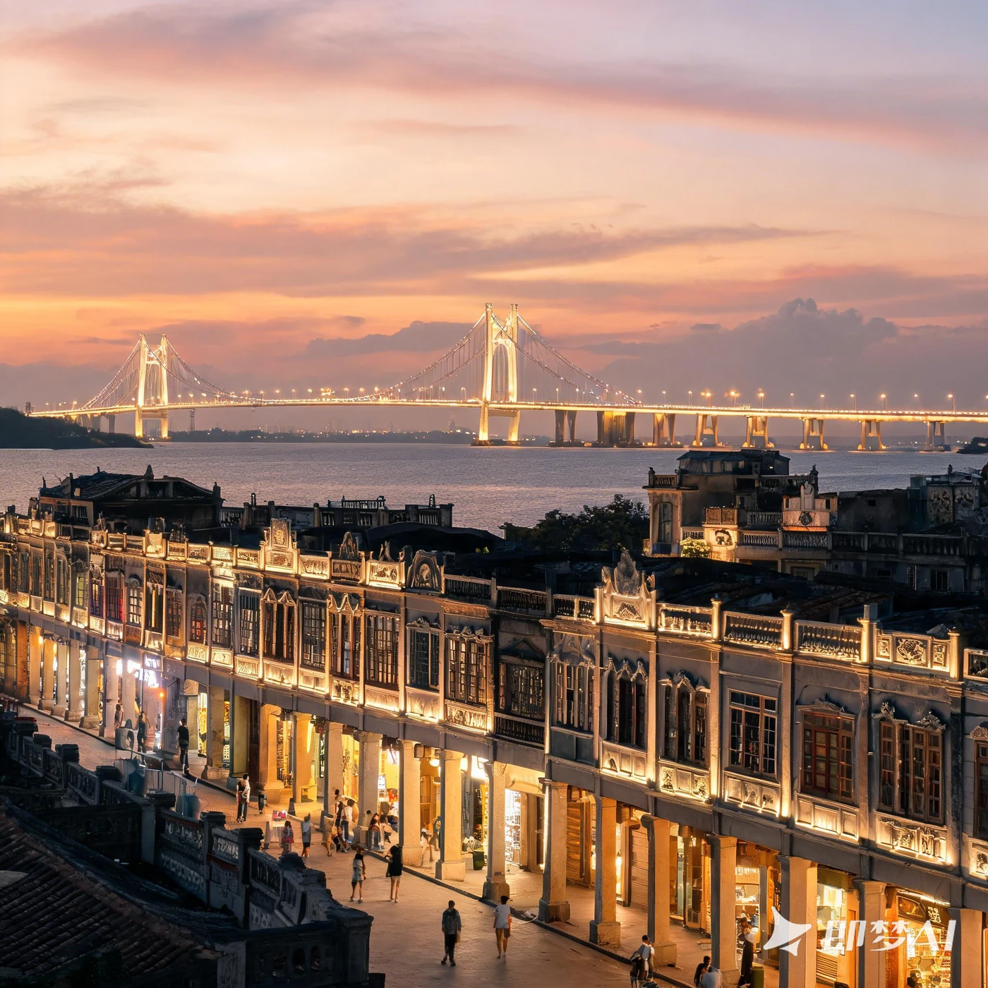 AI 动漫风汕头海湾大桥、小公园骑楼与城市夜景